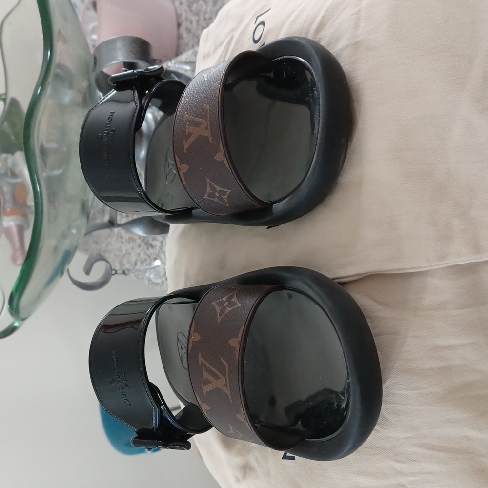 Louis Vuitton Brown Monogram & Black Patent Leather Sandals